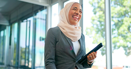 Image showing Face, muslim and mindset with a business woman in her office at work wearing a hijab for religion or faith. Portrait, vision and smile with an islamic female employee standing in her workplace