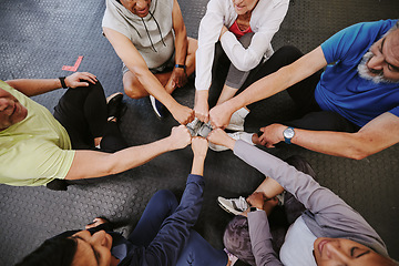 Image showing Fist bump, fitness and people n gym training group, circle and community support teamwork for workout. Exercise club, goals and lose weight challenge of friends with collaboration emoji hands above