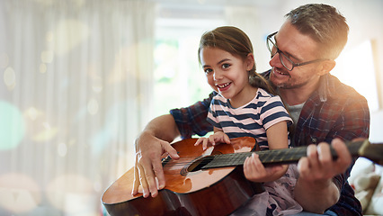 Image showing Guitar lesson, girl portrait and musician father at home ready for music teaching and development. Musical knowledge, house and child studying instrument notes with happiness and a smile from parent