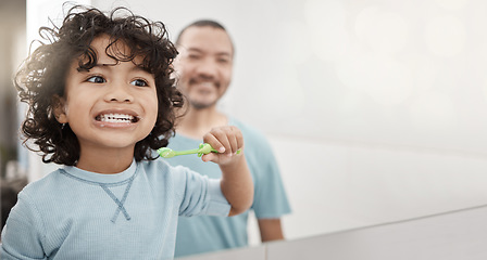 Image showing Brushing teeth, kid and boy with dental hygiene with father as child development in the bathroom for health and care. Young, mockup and toddler cleaning his oral or mouth in the mirror with dad