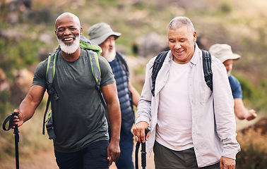 Image showing Hiking, nature and group of old men on mountain for fitness, trekking and backpacking adventure. Explorer, discovery and expedition with senior friends walking for health, retirement and journey