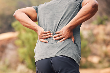 Image showing Man with back pain, sport injury and outdoor hiking, spine and health, muscle tension and fitness in nature. Medical emergency, exercise accident and active lifestyle, inflammation with fibromyalgia