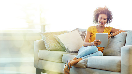 Image showing Black woman, tablet and sofa with mockup space with smile, blurred background and happy for meme on app. African gen z girl, home living room and mobile touchscreen in mock up for social network ux