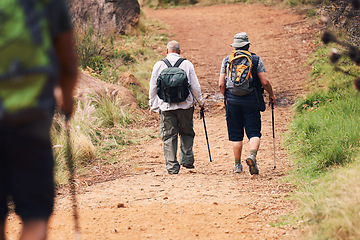 Image showing Hiking, fitness and friends walking on mountain for adventure, freedom and sports in outdoor forest. Travel, retirement and senior hikers for exercise wellness, trekking and cardio workout in nature