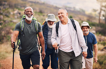 Image showing Hiking, smile and group of old men on mountain for fitness, trekking and backpacking adventure. Explorer, discovery and expedition with senior friends walking for health, retirement and journey