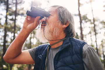 Image showing Hiking, binoculars and senior man in nature looking at view, sightseeing or watching. Binocular, adventure and elderly male with field glasses, trekking or exploring on holiday or vacation outdoors.