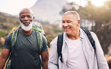 Image showing Hiking, happy and travel with old men on mountain for fitness, trekking and backpacking adventure. Explorer, discovery and expedition with friends mountaineering for health, retirement and journey