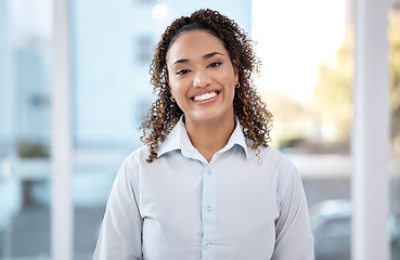 Image showing Happy, office and portrait of black woman with smile for success, ideas and motivation in corporate workplace. Leadership, business and female entrepreneur in Mexico with goals, mission and pride
