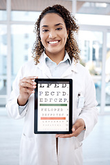 Image showing Portrait, eye chart and woman with tablet in hospital for vision examination in clinic. Healthcare, snellen and ophthalmologist or medical doctor holding technology with text or letters for eyes test