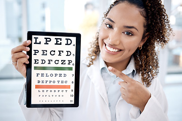 Image showing Optometry chart, tablet and portrait of doctor in hospital for vision examination in clinic. Healthcare pointing, snellen touchscreen and optometrist or black woman with tech with text for eyes test.