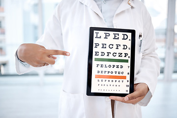 Image showing Hands, tablet screen and eye chart in hospital for vision examination in clinic. Healthcare, snellen or woman, ophthalmologist or medical doctor pointing to technology showing letters for eyes test.