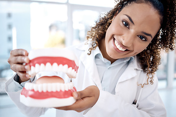 Image showing Teeth dentures, healthcare and portrait of dentist for dental wellness, tooth whitening and oral care. Dentistry, medical clinic and orthodontist smile with mold for mouth hygiene, surgery and braces