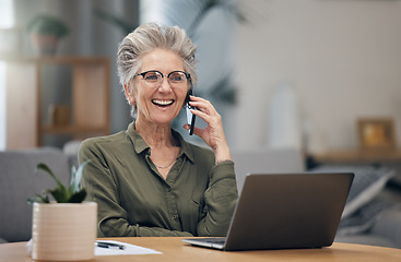 Image showing Phone call, remote work and senior lawyer woman talking legal advice on mobile conversation working with smile and happy. Old, elderly and mature businesswoman with positive communication