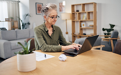 Image showing Senior woman, online debt and computer of an elderly person planning retirement savings. Digital budget, paperwork and laptop of an old female reading financial, banking and insurance data or bills