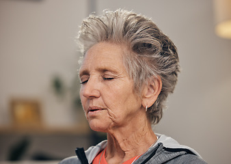 Image showing Senior woman, yoga and breathing in meditation for spiritual wellness or zen, exercise or peace at home. Elderly female breathe in relax for healthy meditating, fitness or awareness and stress relief