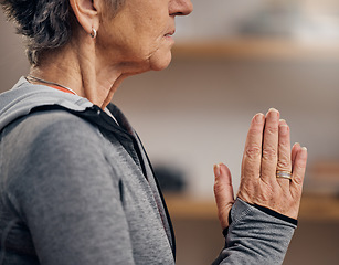 Image showing Senior woman, yoga and hands in meditation for spiritual wellness, zen exercise or peace at home. Hand of elderly female meditating in relax for healthy fitness, awareness or namaste in stress relief