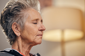 Image showing Senior woman, yoga and breathing on mockup in meditation for spiritual wellness or zen exercise at home. Elderly female breathe in relax for healthy meditating, fitness or awareness and stress relief