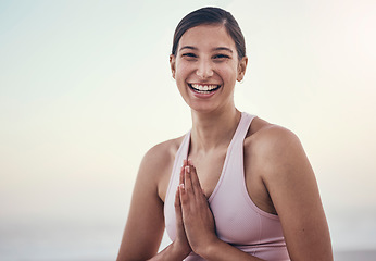 Image showing Woman, portrait and yoga in nature for wellness, peace and zen, pose and balance on mockup sky. Face, girl and meditation, training and energy outdoor for peaceful, mindset and chakra workout