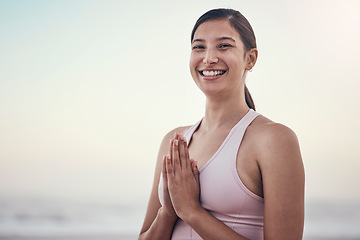 Image showing Portrait, woman and yoga at the beach for wellness, peace and zen, pose and balance on light mockup. Face, girl and meditation, training and energy outdoor for peaceful, mindset or chakra workout