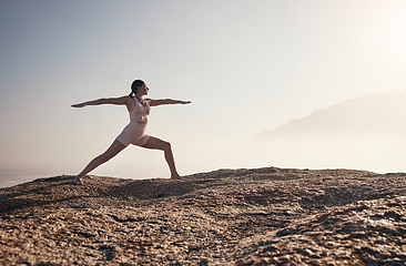 Image showing Mockup, woman and yoga at the beach for wellness, zen and peace against sky and nature mockup. Calm, standing and meditation by girl at sea for energy, exercise and fitness, balance or workout