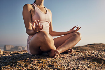 Image showing Hands, yoga and woman in lotus pose in nature for wellness, peace and zen on blue sky mockup. Fitness, girl and meditation, training and energy outdoor, mindset, breathing and posture workout