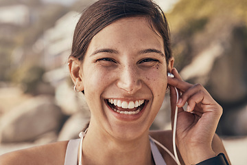 Image showing Music, fitness and portrait of woman at the beach for running, training and cardio. Happy laugh, face and radio for girl in nature for exercise, wellness and motivation with funny podcast