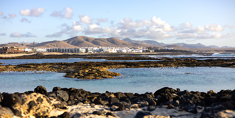 Image showing Panoramic view of El Cotillo city in Fuerteventura, Canary Islands, Spain. Scenic colorful traditional villages of Fuerteventura, El Cotillo in northen part of island. Canary islands of Spain