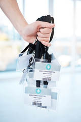 Image showing Doctor, hands or ID cards in hospital identification, names or icu pass for clinic help, medical learning or education. Zoom, woman or healthcare worker nurse with tags lanyard for student internship