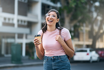 Image showing Travel portrait, coffee or woman student in city street or road with freedom on urban adventure in London. University, college or girl walking with laugh and smile, motivation or comic funny joke