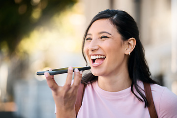 Image showing Phone, happy and woman recording note in a city, smile and excited for speaker conversation on building background. Smartphone, girl and voice to text while laughing, talking and social network app