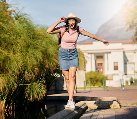 Image showing Young woman, travel and adventure outdoor with fun and excited, holiday in summer with nature and happiness. Freedom, traveling and tour of countryside, care free gen z with vacation in Argentina