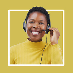 Image showing Contact us, black woman and call center portrait in studio for advertising, telemarketing or help on yellow background. Customer service, crm and face of girl consultant on frame for online support
