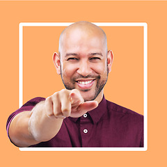 Image showing Portrait, pointing and frame with a black man in studio on an orange background to choose an option. Face, point and border with a handsome male using his finger to make a selection or choice