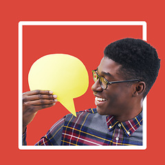 Image showing Speech bubble, mockup and man in studio for advertising, space and poster against red background. Billboard, branding and paper copy space by male excited about marketing, product placement or brand