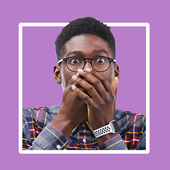 Image showing Portrait, black man and hands over mouth for wow, shocked news and purple frame, border and studio background. Omg, surprised face and guy gasp for secret, oops drama and emoji reaction to wtf gossip