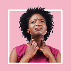 Image showing Black woman, throat and sick pain on pink background frame medical health risk in studio. Sore neck, female anatomy or virus of tuberculosis, itchy voice problem or face wellness of allergic reaction