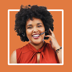 Image showing Call center, portrait and black woman consulting for crm, telemarketing and customer service on orange background. Face, consultant and female happy in online support, help or legal advice on mockup