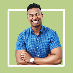Image showing Frame, portrait and border of black man smile, happy and excited with crossed arms isolated in studio bright green background. Handsome, person and creative worker with a positive mindset