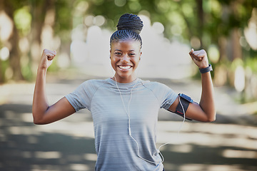 Image showing Muscle flex, fitness and portrait of black woman in park show biceps for exercise goal, wellness and training. Sports health, motivation and happy girl for cardio workout, running and strong body