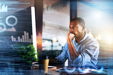 Image showing Thinking, futuristic and black man on computer with double exposure for finance, fintech and data analysis. Digital transformation, software overlay and male with financial analytics on 3d screen