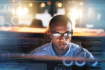 Image showing Software overlay, futuristic and black man on computer for online finance, fintech and data analysis. Digital transformation, double exposure and businessman for financial analytics on 3d screen