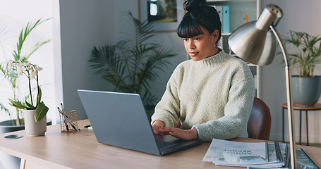 Image showing Office, laptop and business woman portrait happy for career in digital marketing, digital copywriting and online web management. Gen z corporate worker for internship opportunity, contact us or faq