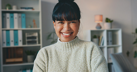 Image showing Happy, business woman and smile on laptop in success for company startup at work with crossed arms. Confident female employee worker smiling in happiness for job or career on computer at the office