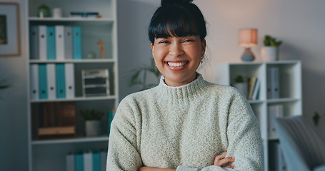 Image showing Happy, business woman and smile on laptop in success for company startup at work with crossed arms. Confident female employee worker smiling in happiness for job or career on computer at the office