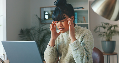 Image showing Anxiety, headache and stress by business woman working on a laptop in a corporate office. Mental health, burnout and migraine by female looking exhausted, overwhelmed with workload and deadline