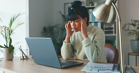 Image showing Headache, stress and burnout for woman with laptop and anxiety over writers block for social media content writing. Mental health, pain and brain fatigue for digital online news home remote worker