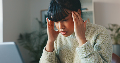 Image showing Anxiety, headache and stress by business woman working on a laptop in a corporate office. Mental health, burnout and migraine by female looking exhausted, overwhelmed with workload and deadline