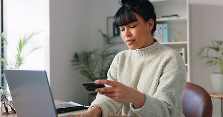 Image showing Businesswoman, laptop and online shopping with credit card in home office on fintech app, investment software and finance website. Remote worker, entrepreneur and employee with e commerce technology