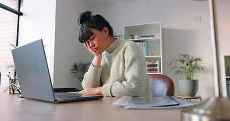 Image showing Work, tired and office stress headache of a woman working on a computer. Business tech employee with anxiety burnout using technology to work on a deadline, job project or IT internet strategy