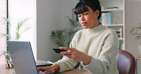 Image showing Businesswoman, laptop and online shopping with credit card in home office on fintech app, investment software and finance website. Remote worker, entrepreneur and employee with e commerce technology